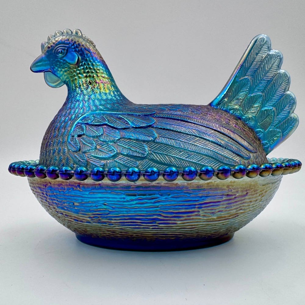 Vintage Indiana Glass Iridescent Blue Carnival Hen on Nest Covered Candy Dish 7"